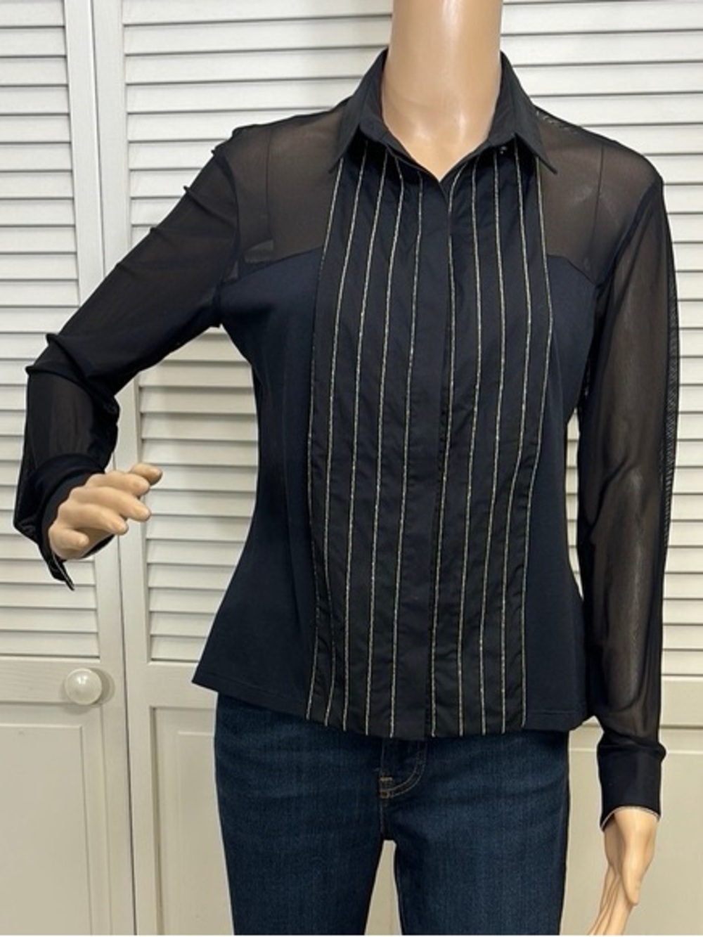 Anne Fontaine Sheer-Sleeve Button-Down Blouse with Silver Trim